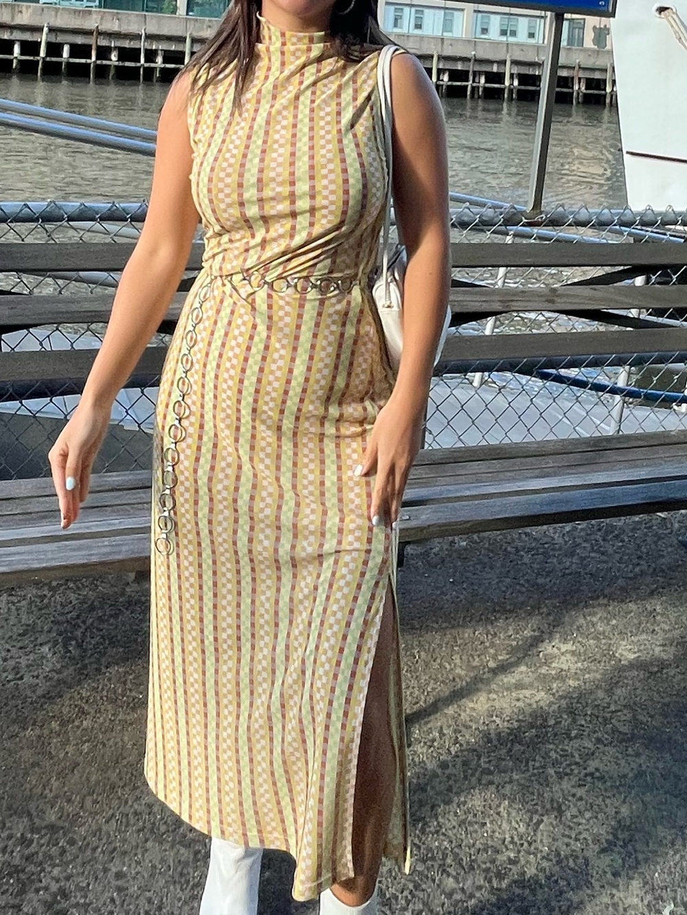 Sleeveless Mock-Neck Maxi Dress in Yellow and Dusty Pink Stripe